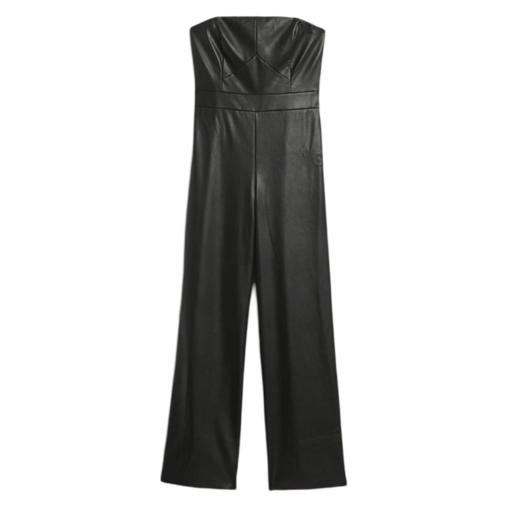 Banana Republic • Strapless Black Vegan Faux Leather Wide-Leg Jumpsuit Size 6 - Picture 2 of 7